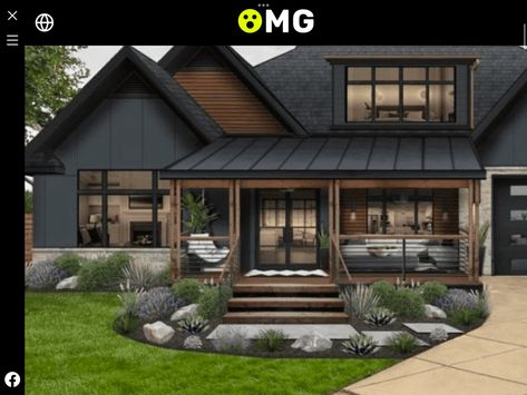 All Black Exterior House With Wood, Mixed House Siding, Black White And Brown Home Exterior, Grey House With Wood Accents Exterior, Black And Wood Farmhouse Exterior, Wood And Siding Exterior, Dark Siding Wood Accents, Black House Porch, Charcoal And Wood Exterior