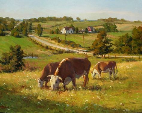 John Pototshnick "Grazing" Farm Scene Painting, Cow Paintings On Canvas, Farm Animal Painting, Bull Painting, Wichita State University, Country Photography, Farm Paintings, St Ives Cornwall, Wichita Kansas