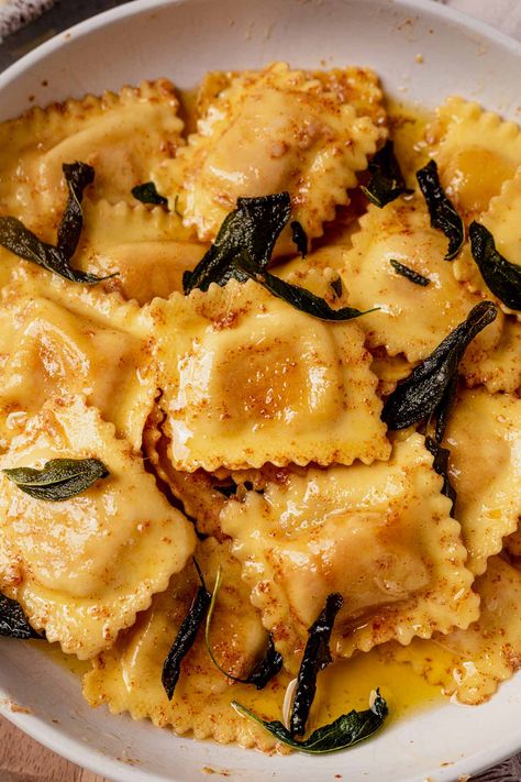 Sage Ravioli Recipe, Sage Butternut Squash Ravioli, Homemade Pumpkin Ravioli With Sage Brown Butter, Butternut Squash Ravioli With Brown Butter Sauce, Butter Ut Squash Ravioli, Browned Butter Ravioli Sauce, Ravioli Sage Butter Sauce, Delicata Squash Ravioli, Brown Butter Sage Butternut Squash Ravioli