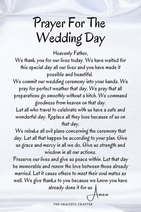 Prayer for the wedding day - prayers for wedding Prayers For Wedding Day, Wedding Prayers For Ceremony, Prayer To Get Married Soon, Wedding Prayer For Ceremony, First Prayer Wedding, Wedding Blessings Prayers, Wedding Prayer For Couple, Wedding Prayers For Couple, Wedding Prayers