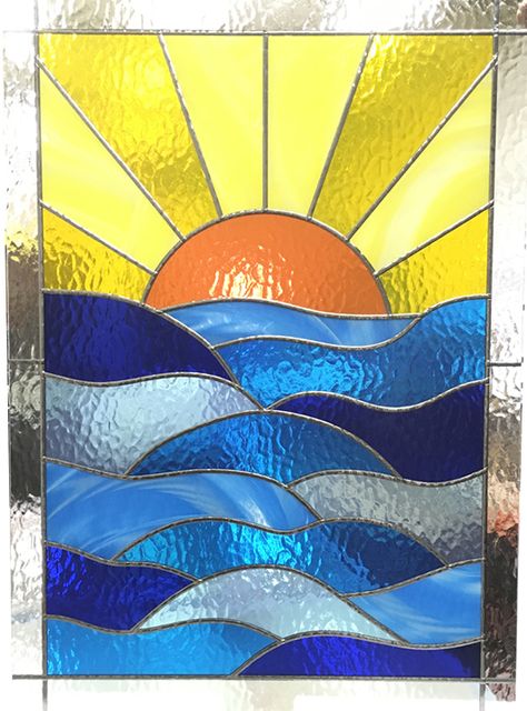 Stain Glass Sunset Patterns, Glass Painting Designs On Window, Stained Glass Landscape Simple, Stained Glass Sunset Over Water, Glass Window Painting Ideas, Vitray Art Ideas Easy, Ocean Stained Glass Window, Stained Glass Art Painting, Sunrise Stained Glass Pattern