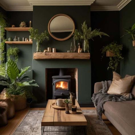 22 Green Living Room Decor Ideas » Lady Decluttered Oak Beam Fireplace, Beam Fireplace, Log Burner Living Room, Wooden Beam, Oak Mantel, Fireplace Beam, Mantel Fireplace, Oak Fireplace, Furnitur Ruang Keluarga