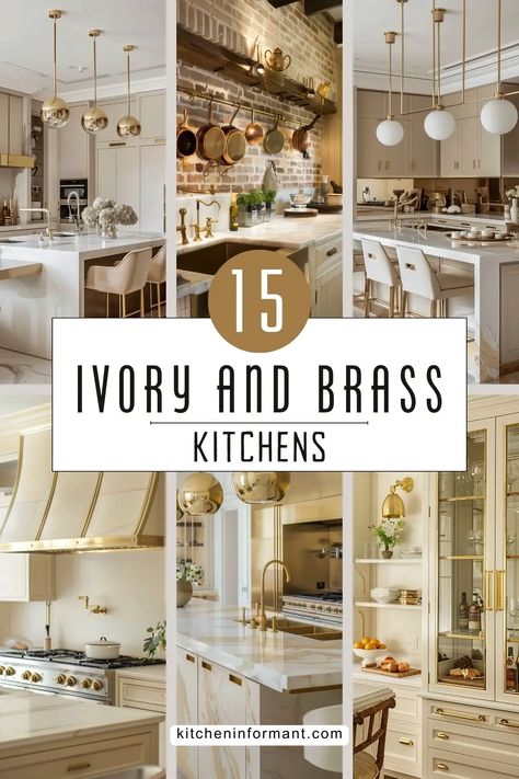 Ivory and Brass Kitchens: A Blend of Elegance and Modernity Champagne Kitchen Decor, Cream Cabinets Gold Hardware, Cream And Gold Kitchen, Timeless Kitchen Design Inspiration, Transitional Modern Kitchen, Traditional Modern Kitchen, White And Brass Kitchen, Art Deco Kitchen Design, Brass Kitchen Fixtures