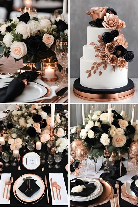 Black and Rose Gold Wedding Color Ideas: Beautiful Black, Rose Gold, and White Ideas - Francisca's Bridal Fall Wedding Colors With Black, All Black Wedding Theme, Rose Gold And Black Wedding Theme, Rose Gold And Black Party Theme, Black Spring Wedding, Wedding Color Schemes Black, Black Wedding Color Schemes, Black And Rose Gold Wedding, Gold Wedding Color Palette