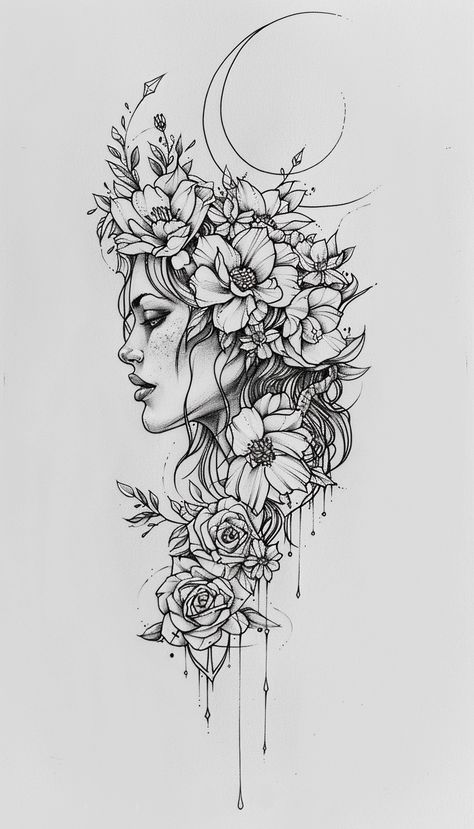 Image showcase managed by ThetaCursed, License: CC BY-NC 4.0 Flowers Out Of Head Tattoo, Face Flowers Tattoo, Floral Head Tattoo, Face With Flowers Tattoo, Side Wrist Tattoos, Drawing Of A Woman, Face Tattoos For Women, Flower Tattoo Drawings, Woman With Flowers