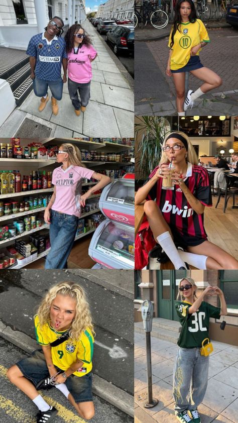 collage of people wearing aesthetic sports jerseys with big pants or big shorts Sport Jersey Outfit Women, Clothing Inspo Aesthetic, Trendy Poses, Adidas Shorts Outfit, Jerseys Outfit, Sports Jersey Outfit, Pink Sneakers Outfit, Adidas Shorts Women, Women In Sports