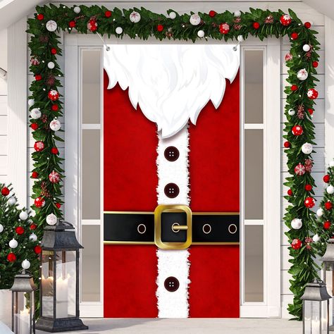 PRICES MAY VARY. Funny Pattern: Xmas door cover designed with classic costume of Santa Claus element, white mustache that makes a strong contrast on a bright red background; The pattern is vivid and funny, creating a mysterious and cute holiday atmosphere, is a good addition for Christmas party Quality Material: Christmas door cover banner is not a disposable product, made of polyester fabric with clear patterns, which is washable and not easy to fade or break; The smooth surface is no unpleasan New Year Home Party, Santa Backdrop, Christmas Door Cover, Background Funny, Cloth Banners, Christmas Door Decoration, Party Layout, Porte Decorate, Holiday Door