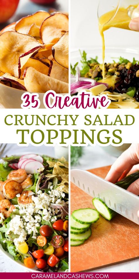 Apple chips, cutting cucumbers, pouring dressing on a salad Healthy Crunchy Salad Toppings, Crispy Salad Toppings, Salad Crunchy Toppings, Salad Toppings Ideas, Crunchy Salad Toppings, Crunchy Salad Recipes, Salad Making, Quick Salads, Salad Toppers