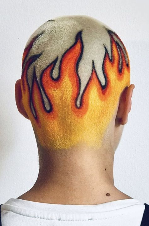 Shaved Head Designs, Flame Hair, Hair Colour Design, Dyed Hair Men, Buzzed Hair, Shaved Hair Designs, Fire Hair, Men Hair Color, Bald Hair