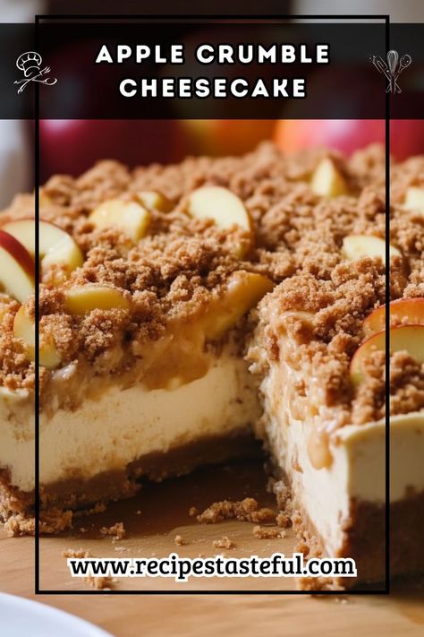 A decadent dessert perfect for fall and winter, combining warm cinnamon apples, creamy cheesecake, and a crispy oat crumble, all topped with a rich caramel drizzle. Cinnamon Apple Cheesecake, Warm Cinnamon Apples, Apple Crumble Cheesecake, Crumble Cheesecake, Cinnamon Cheesecake, Cheesecake Toppings, Caramel Apple Cheesecake, Caramel Drizzle, Oat Crumble