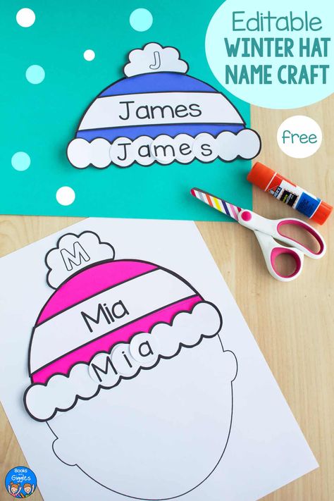 Winter Hat Name Craft Preschool Hat Craft, Preschool Hat, Winter Hat Craft, Letter K Crafts, Stem Winter, Prek Christmas, Kids Bulletin Boards, Holiday Bulletin Boards, Winter Crafts Preschool