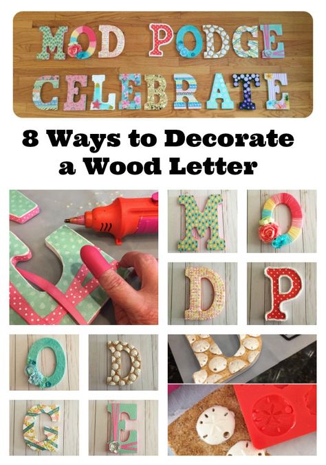 8+ ways to decorate a wood letter with Mod Podge products. We used glitter, paper, Mod Melts and Molds, washi tape, fabric and yarn! Letter Decoration Ideas, Wood Letters Diy, Wooden Letters Diy, Mod Podge On Wood, Wood Letter Crafts, Wood Letters Decorated, Wooden Letter Ideas, Decoupage Letters, Wooden Letter Crafts