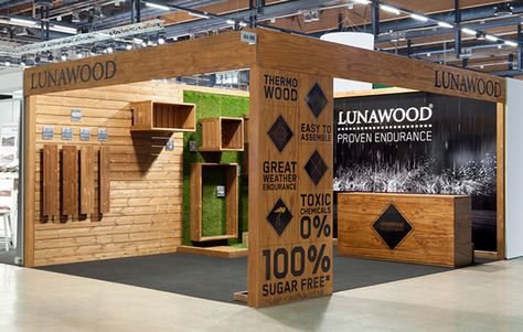 Lunawood is the world leading company producing thermo wood, ecological and durable wood material for decking and facades. Bond created an identity and tone of voice that emphasizes the qualities of the wood with the use of symbols, type and photographs.… Environmental Signage, Stall Flooring, Merchandise Display, Expo Stand, Showroom Ideas, Temporary Architecture, Stand Feria, Shop Image, Trade Show Design