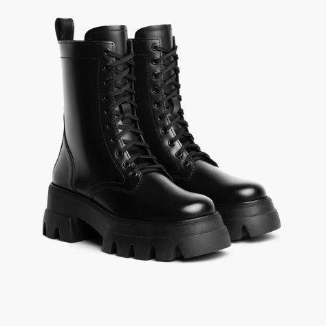 Women's Dynasty Combat Boot in Black Leather - Thursday Boot Company H&m Boots Black, Thursday Dynasty Boots, Cute Winter Boots Black, Black Long Heels, Black Shoes Png, Combat Boots Png, Long Combat Boots, Black Winter Shoes, Thursday Boots Women