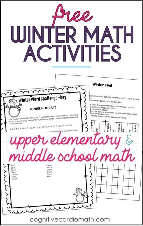 Image of free winter math activities for middle school math Winter Learning Activities, Winter Centers, Winter Math Activities, Maths Activities Middle School, Middle School Math Classroom, Winter Words, Diy Fountain, Fun Winter Activities, Upper Elementary Math