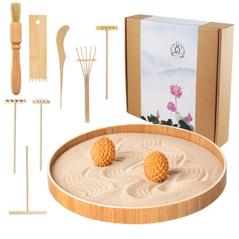 PRICES MAY VARY. Desktop Zen sand garden kit: Including 12” Large Round Bamboo Tray, 7 Mini Zen Garden Rake Kit, 2 Stamp Spheres, Natural Sand. The Zen garden for desks is multiple designed for tactile and visual play. 7pcs mini bamboo Zen garden rake kit: Drawing stylus for creating freeform sand shapes. Line, wave, flower, circle, anything you can come up with, you can fulfill with this tool set. Maracas with massage function: Massage balls are from high-end wooden materials in Japan. If you r Zen Garden Tabletop, Sand Zen Garden, Buddha Zen Garden, Zen Garden Sand, Sand Tray Therapy, Desktop Zen Garden, Zen Sand, Zen Sand Garden, Sand Garden