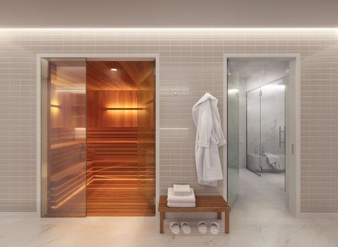 Luxury sauna and marble shower in basement Basement Window Replacement, Basement Built Ins, Cool Basement Ideas, Finished Basement Designs, Flooring Laminate, Basement Layout, Basement Finishing, Basement Gym, Modern Basement