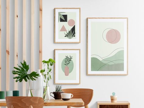 Set of Three Matching Sage Green and Blush Pink Abstract Boho - Etsy UK Basement Art, Green And White Bedroom, Abstract Boho Art, Mini Room, Inspiring Nature, Feature Wall Bedroom, Arte Aesthetic, Geometric Shapes Design, Art Deco Inspiration