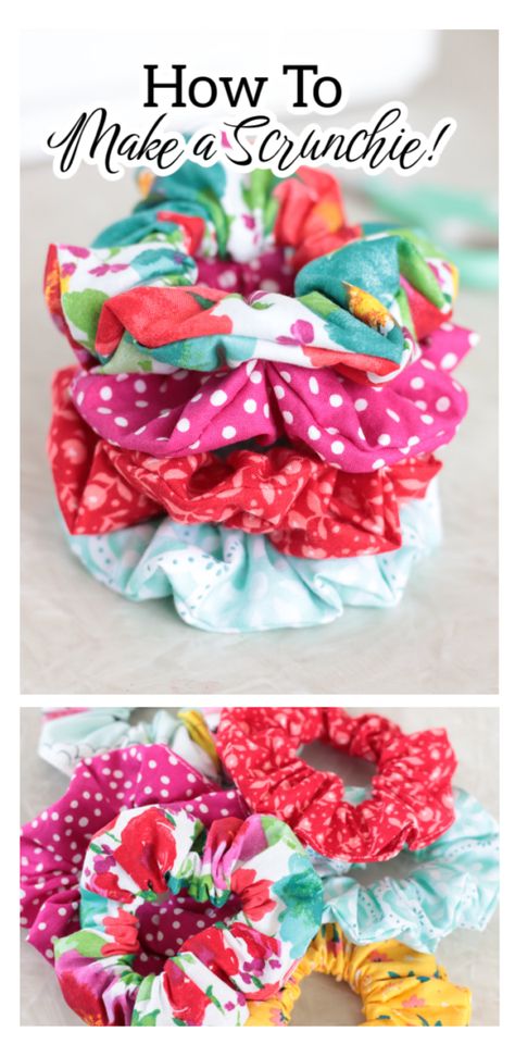 How to make a scrunchie in 10 minutes! This step-by-step tutorial will have you making fabric scrunchies like a pro! No Sew Hair Scrunchies, Easy Hair Scrunchies Diy, Scrunchie Sewing Patterns Free, How To Make Hair Scrunches, Diy Scrunchies Tutorials No Sew, Easy Scrunchie Sewing, Making A Scrunchie, Sew Scrunchies Diy, How To Sew Hair Scrunchies