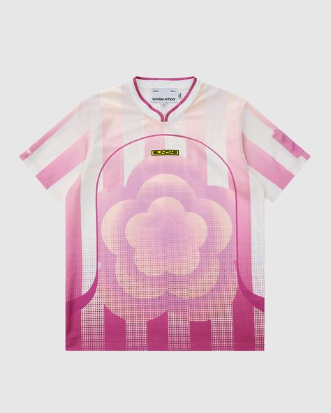 Mandarin collar Jersey Neck hole is a bit tighter so big heads for big brains beware! Special mandarin collar - tighter fit (big heads for big brains beware) Signature Sleeve stash Pocket 🪡 / "떨" logo embroidery 🌸 Striped gradient half-tone print with our mochi flower on front and back  "Sundae" logo on front chest / " Atthemoment Shirts, Aesthetic Retro Outfit, Clothing Graphics, Strawberry Mochi, Billie Eilish Outfits, Half Tone, School Jersey, White Strawberry, Pink Jersey