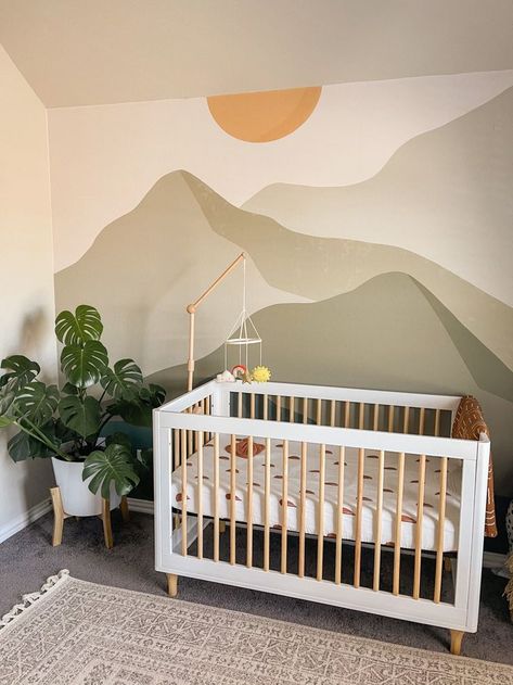 Jungle Nursery Accent Wall, Nursery With Mountain Mural, Nursery Decor Mountains, Nursery Room Mountains, Nursery Mural Mountains, Sage Green Mountain Nursery, Nursery Mural Simple, Green Mountain Mural Nursery, Mountain Nursery Diy