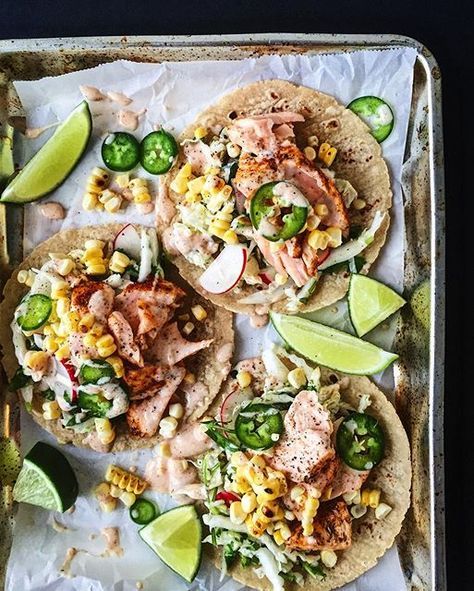 Putting a rough week (ahhh office craziness) behind me with these super fresh tacos with cajun… Yogurt Dressing Recipe, Fresh Tacos, Spicy Coleslaw, Charred Corn, Salmon Spices, Rough Week, Salmon Tacos, Yogurt Dressing, Roasted Salmon