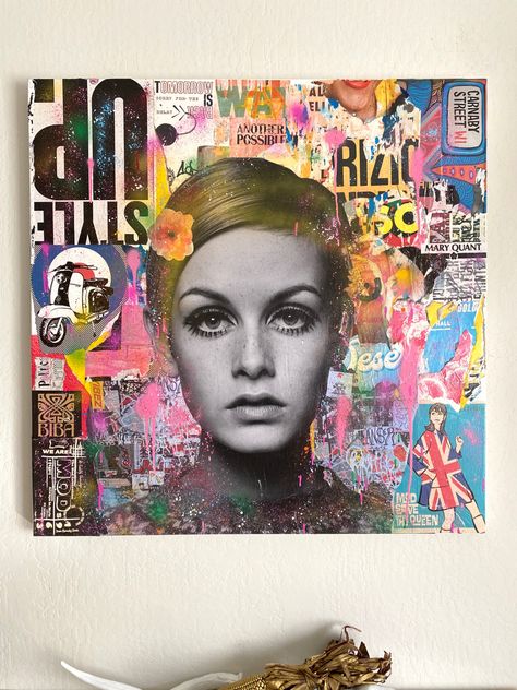 Pop Art Collage Mixed Media, Collages On Canvas, Mixed Media Graffiti Art, Magazine Mixed Media Art, Mix Media On Canvas, Collage Acrylic Painting Mixed Media Art, Multimedia Self Portrait, Multi Media Portraits, Urban Pop Art