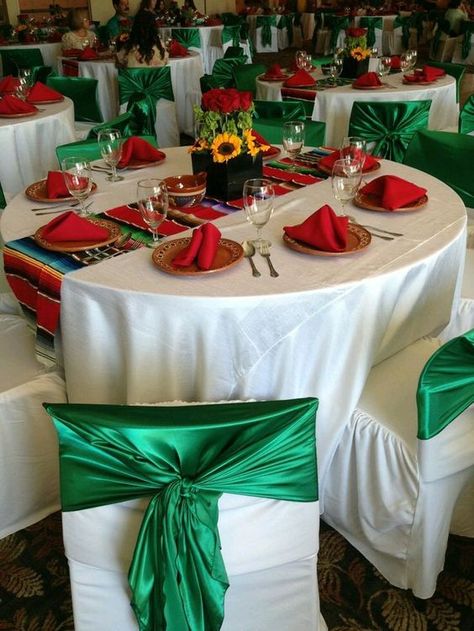 This is an example of using red, green and white as the primary decorating colors Charro Quinceanera Theme, Charro Theme, Mexican Theme Wedding, Mexican Theme Party Decorations, Quince Decor, Quince Themes, Mexican Quinceanera Dresses, Mexican Birthday Parties, Mexican Themed Weddings