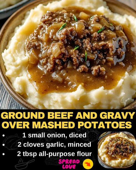 Ground Beef and Gravy Over Mashed Potatoes Ground Beef Gravy, Ground Beef And Gravy, Beef And Gravy, Hamburger Potato Soup, Bacon Cheeseburger Meatloaf, Beef Tips And Noodles, Beef Pepperoni, Gravy For Mashed Potatoes, Baked Meatloaf