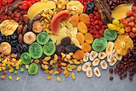 Dried fruits and berries on gray background top view. Lemons, oranges, bananas, raisins, cranberries, kiwi, cherries, ginger, plums, strawberries, dried apricots, tangerines, dates, pineapples, figs, Fruit Drying, Dried Fruit Mix, Dry Bar, Dried Apricots, Pick And Mix, Dried Fruits, Dried Fruit, Top View, Gray Background