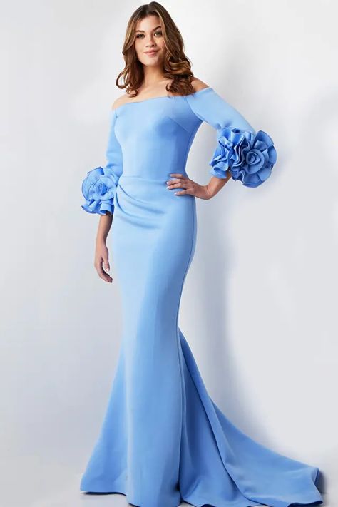 jovani Evening Dresses and Gowns Style 23716 Scuba Gown, Prom Dress Couture, Prom Dresses Jovani, Mother Of Groom Dresses, Sleeve Gown, Jovani Dresses, Scuba Fabric, Wedding 2024, Light Coral