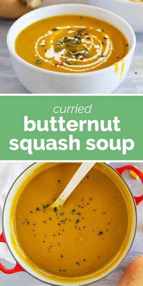 Smooth and creamy with a hint of curry, this Curried Butternut Squash Soup is a comforting cold weather favorite. Both sweet and spicy, this is the kind of soup you want on a cold night! Healthy Delicious Soups, Spicy Butternut Squash Soup, Curried Squash Soup, Curried Butternut Squash, Butternut Squash Recipes Roasted, Harvest Food, Butternut Squash Curry, Curried Butternut Squash Soup, Butternut Soup