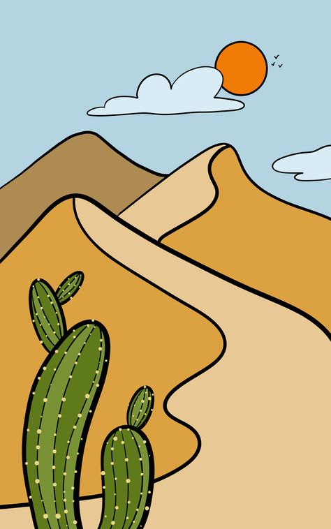 Easy Desert Drawings, Desert Background Drawing, Easy Graphic Design Drawings, Desert Drawing Easy, Illustration Art For Beginners, Desert Drawing Simple, Ipad Drawing Ideas Easy, Illustrations For Beginners, Desert Graphic Design