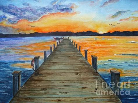 Ocean Landscape Painting, Dock Of The Bay, Beach Drawing, Painting Girl, Lake Painting, Canvas Painting Tutorials, Ocean Landscape, Boat Painting, Ocean Painting