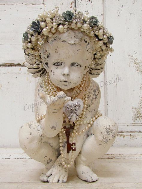 Shabi Chic, Cherub Statue, Anita Spero Design, Handmade Crown, Crown Paints, Bunny Statue, Angel Figure, Cottage Shabby Chic, Bird Statues