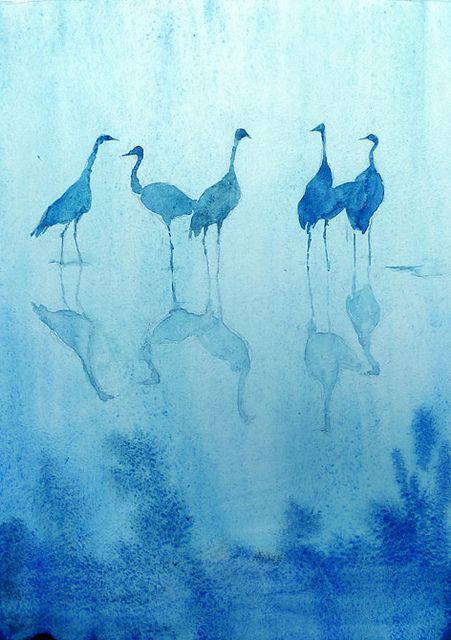 Such a beautiful monochromatic watercolor of cranes. The simplicity really appeals to me. It was created by a French watercolorist - that's all I could find. If anyone knows more, let me know! Monochromatic Painting, Photo Bleu, Monochromatic Art, Birds Nest, Herons, Blue Birds, The Mist, Watercolor Inspiration, Watercolor Bird