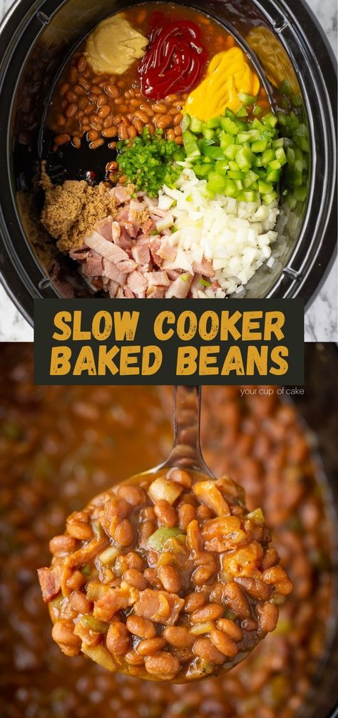 Slow Cooker BBQ Baked Beans - Your Cup of Cake Baked Beans Crock Pot, Amazing Slow Cooker Recipes, Slow Cooker Baked Beans, Best Baked Beans, Beans In Crockpot, Bbq Baked Beans, Bbq Beans, Slow Cooker Baking, Summer Bbq Recipes