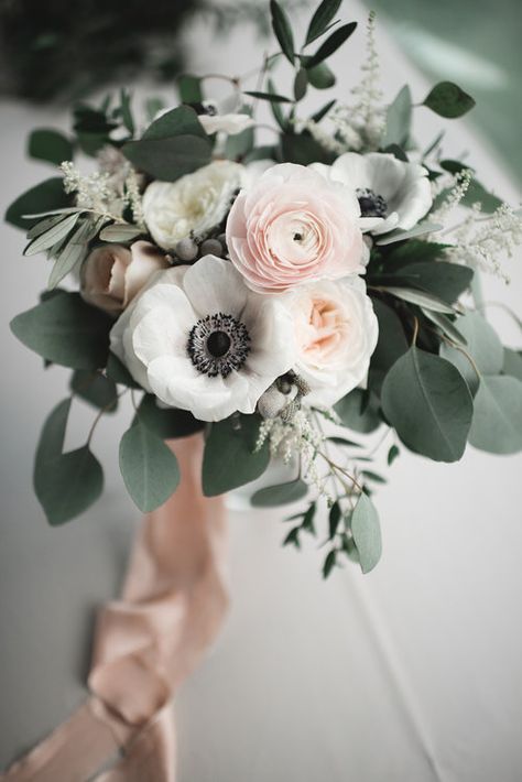 Blush and white bridal bouquet with garden roses, anemones, ranunculus, and eucalyptus greenery tied off with silk ribbon #weddingflowers #silkribbon #blushbouquet #virginiaweddingflorist Hiasan Perkahwinan, Wedding Flower Guide, Blush Bouquet, Yacht Club Wedding, Flower Guide, White Bridal Bouquet, Eucalyptus Greenery, Wedding Flower Arrangements, Lorde