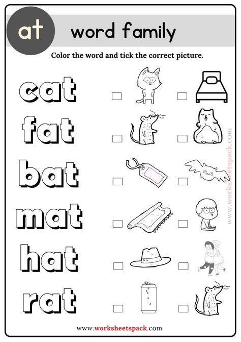 At Word Family Coloring Activities for Kindergarten - Printable and Online Worksheets Pack Family Words Worksheets For Kids, At Word Family, Word Families Printables, Rhyming Words Worksheets, Family Activities Preschool, Alphabet Activities Kindergarten, Word Family Activities, Letter Worksheets For Preschool, Ela Worksheets