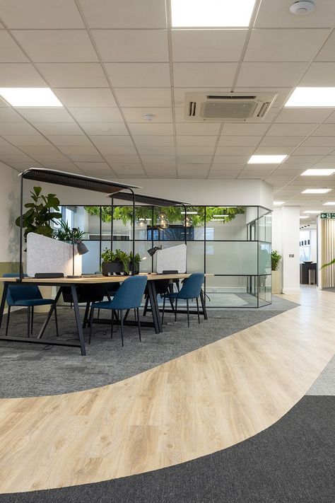 Our Moduleo 55 Woods, Blackjack Oak 220 LVT, Art Exposure and Rudiments carpet tiles were selected to transform this office space. Walkways were defined by mixing the finishes and texture between LVT and carpet, while a neutral palette provides a calming aesthetic. Use the link to request free samples to help with your next interior project. #office #flooring #fitout #interiordesign #architecture #commercialdesign Carpet Tiles Design, Office Flooring, Wood Walkway, Flooring Texture, Vinyl Floors, Office Materials, Separating Rooms, Carpet Texture, Lvt Flooring