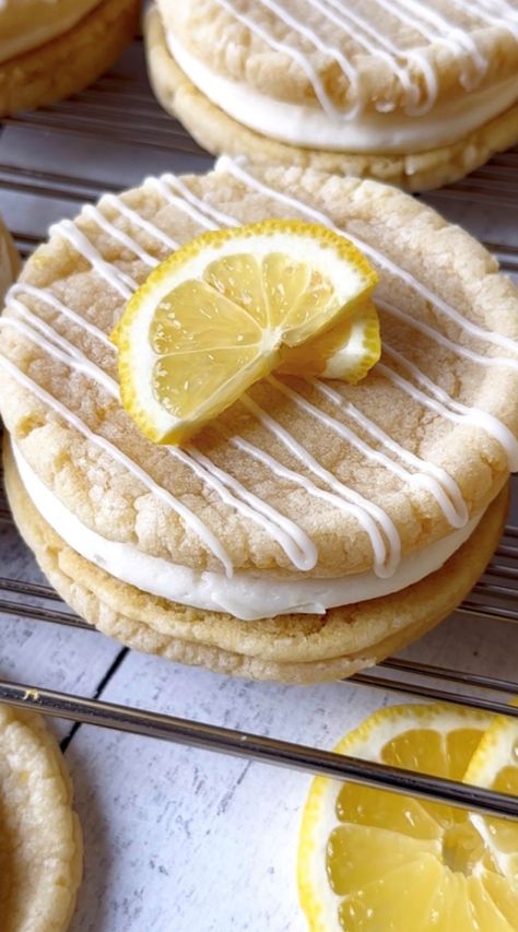 lemon cookies Sweet Monkey Lemon Cookie Sandwiches, Lemon Cookie Sandwich Recipe, Banana Cream Cheese Cookies, Gourmet Lemon Cookies, Sweet Monkey Recipes, Christmas Sandwich Cookies, Lemon Crumble Cookies, Cake Sandwich Ideas, Jumbo Cookie Recipe