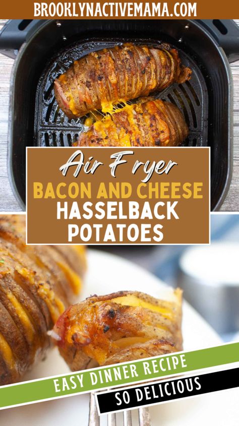 Easy Air Fryer Bacon and Cheese Hasselback Potatoes Hasselback Potatoes Airfryer, Air Fryer Hasselback Potatoes, Potatoes Airfryer, Bacon Wrapped Cheese, Air Fryer Bacon, Potatoe Skins Recipe, Air Fryer Cooking Times, Hasselback Potatoes, Bacon And Cheese