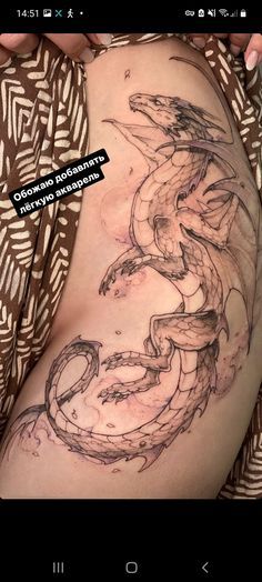 Dragon Tattoo Women Thigh, Wyvern Tattoo Thigh, Womens Dragon Sleeve Tattoo, Illustrative Dragon Tattoo, Thigh To Hip Tattoos Women, Spooky Spine Tattoos For Women, Tattoo For Thigh For Women, Dragon Wings Back Tattoo, Dragon Hip Tattoos Women