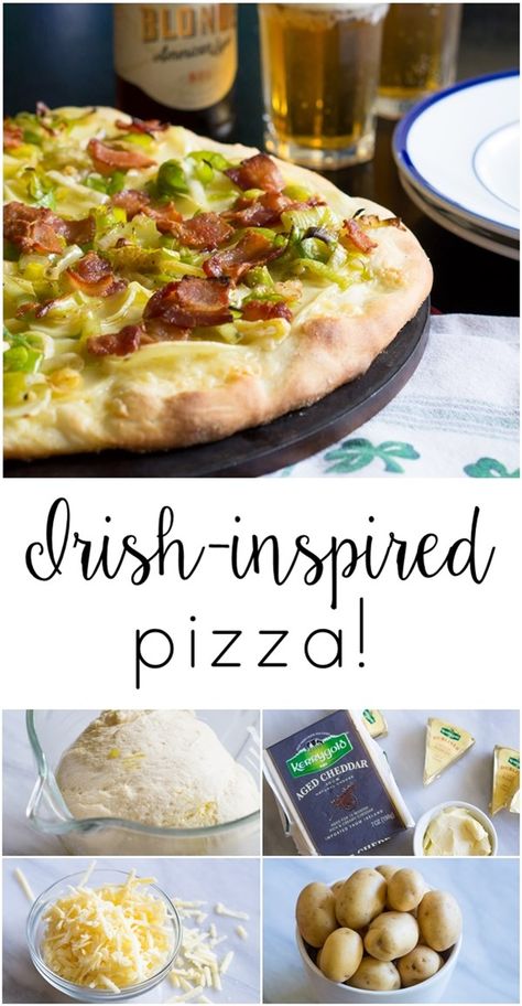 Irish cheddar and potato pizza with leeks and bacon Irish Pizza Recipe, Irish Pizza, Hot Dog Pizza, Incredible Pizza, Irish Cheddar, Potato Pizza, Irish Recipes Traditional, Bacon Recipe, Homemade Dough