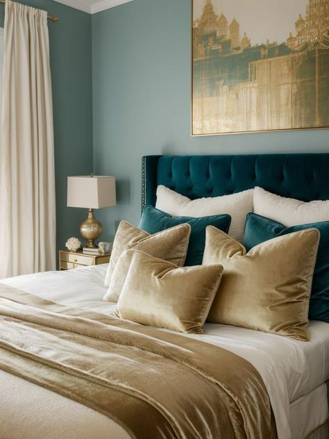 Turquoise Blue Bedroom Ideas, Teal Gold White Bedroom, Teal Bedframe Bedroom Ideas, Green And Gold Master Bedrooms Decor, Beige Bed Frame Bedroom Ideas, Teal And Gold Office, Peacock Bedroom Ideas Decor, Teal Room Decor Bedroom, Teal And Cream Bedroom