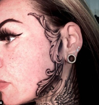 Face Tattoos On Women, Sideburn Tattoo Ideas, Women Face Tattoo Ideas, Side Of Face Tattoo Women, Sideburn Tattoos, Rose Head Tattoo, Face Tattoo Women, Floral Head Tattoo, Side Face Tattoos For Women