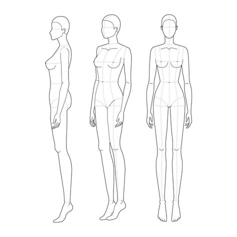 Female 3/4 View, Side Figure Drawing, Side Croquis, Side Pose Sketch, Models Side View, Fashion Illustration Template Women, Model For Drawing, Women Sketch, Model Illustration