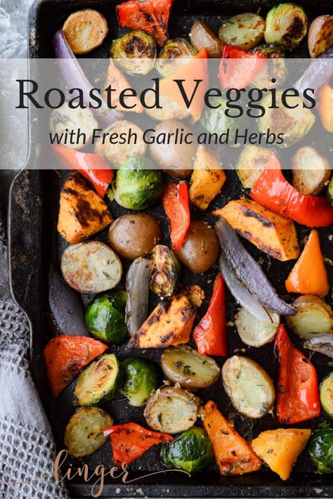 These Oven Roasted Vegetables with Garlic and Herbs are healthy and brimming with vibrant colors. The dish has an array of flavors and textures along with nutrients that will boost your overall health. This recipe includes potatoes, red peppers, sweet potatoes, Brussel sprouts,  red onion butternut squash. #vegetablesidedish #potatoes #veggies #vegetables #healthy Sweet Potatoes Brussel Sprouts, Potatoes Brussel Sprouts, Potatoes Vegetables, Roasted Vegetables Oven, Roasted Vegetable Recipes, Vegetables Recipes, Roasted Brussel, Healthier Recipes, Healthy Side