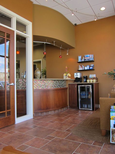 Reception Area with Refreshment Bar Drinks Area, Shop Remodel, Dr Office, Chiropractic Office Design, Small Reception, Refreshments Table, Office Reception Design, Desk Reception, Office Reception Area