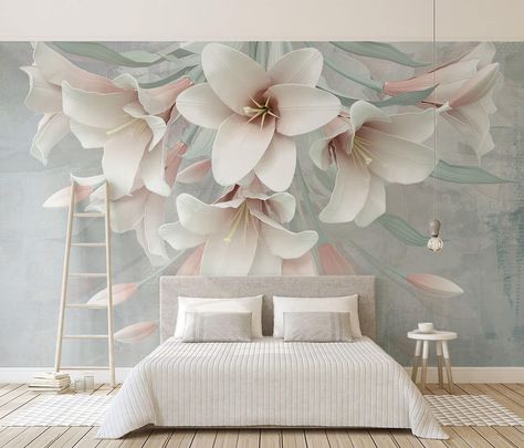 Mural Wall Paper Home Decor Ideas For A Bedroom Pink Lily Flower, Lily Wallpaper, Adhesive Wall Art, 3d Wall Murals, Custom Murals, Wallpaper Modern, Paper Wallpaper, Wallpaper Living Room, Room Wallpaper